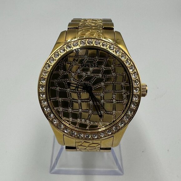 Guess Croc Glam Watch Women Gold Tone Tone Crystal Bezel New Battery 7" - Picture 1 of 11
